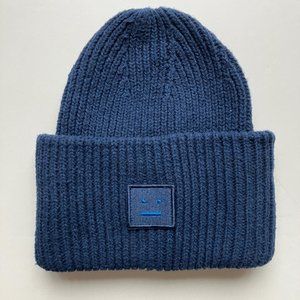 Acne Studios large face logo knit beanie hat navy